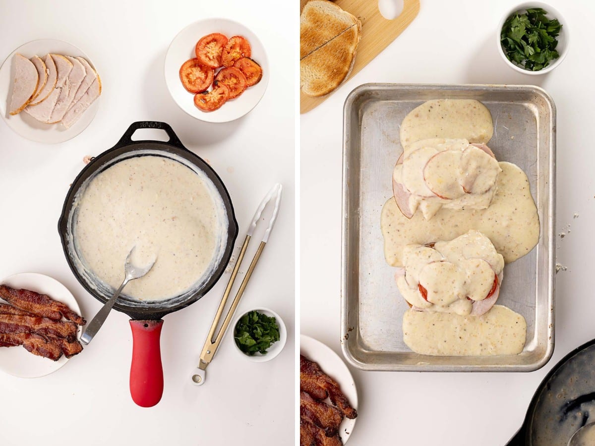 A collage image of 2 steps of the process to creating a Kentucky Hot Brown Sandwich. One is the sauce in the pan and the other is the sandwich with the sauce poured on top.