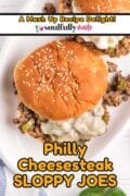 Philly Cheesesteak Sloppy Joes Recipe overhead picture with a bun.