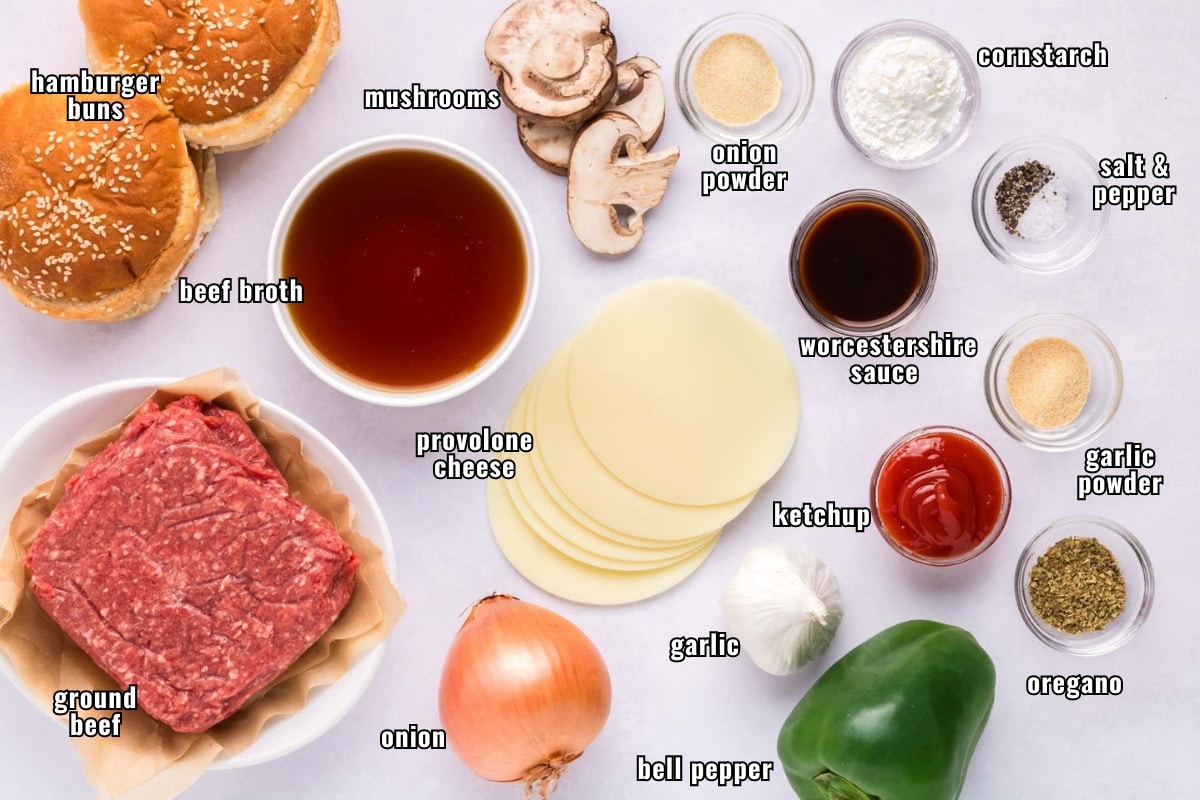 Labeled ingredients needed to make philly cheesesteak sloppy joes.