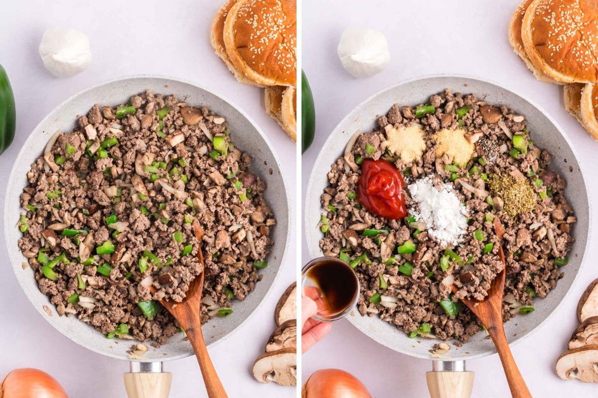 Spices added to a skillet of Philly Cheesesteak ground beef.