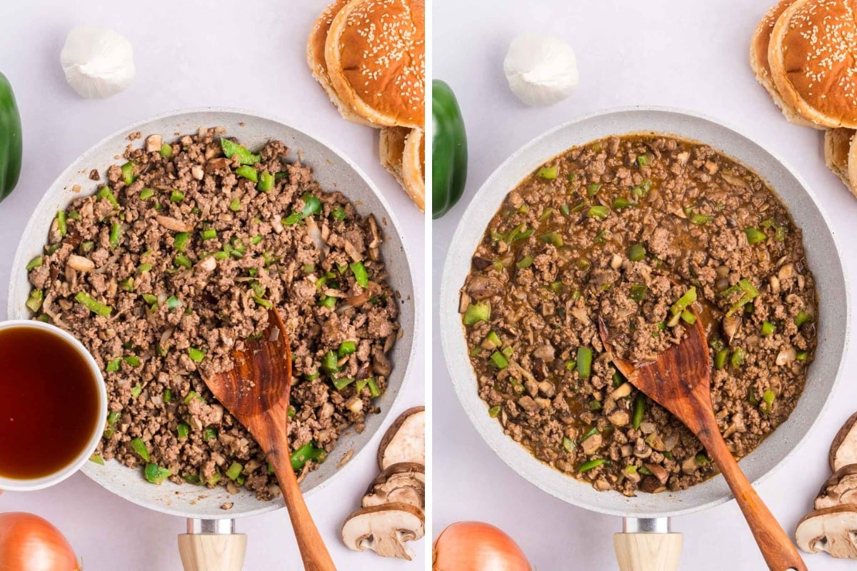 Adding beef broth to ground beef cheesesteak mixture and stirring to combine.