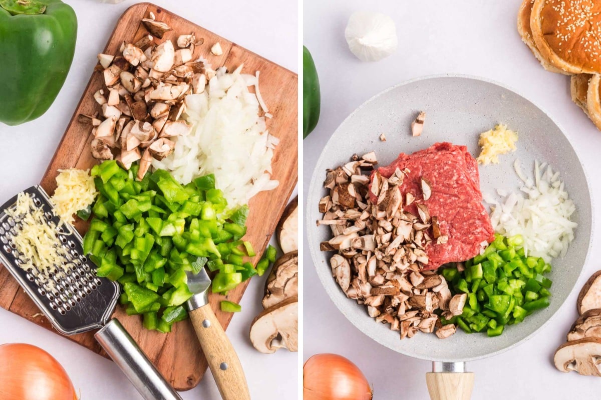 Chopped veggies on cutting board added to a skillet with ground beef.