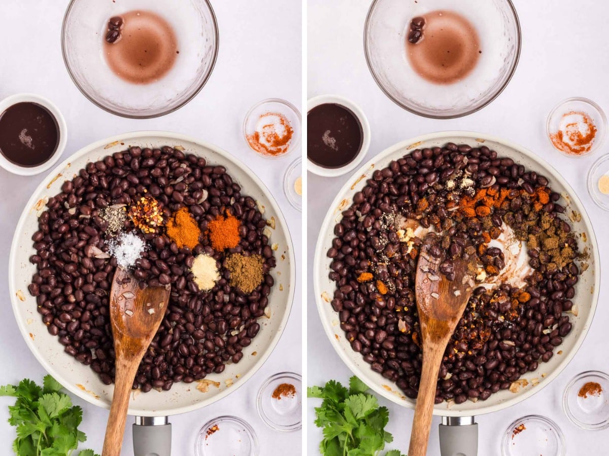 Adding the seasonings for refried black beans.