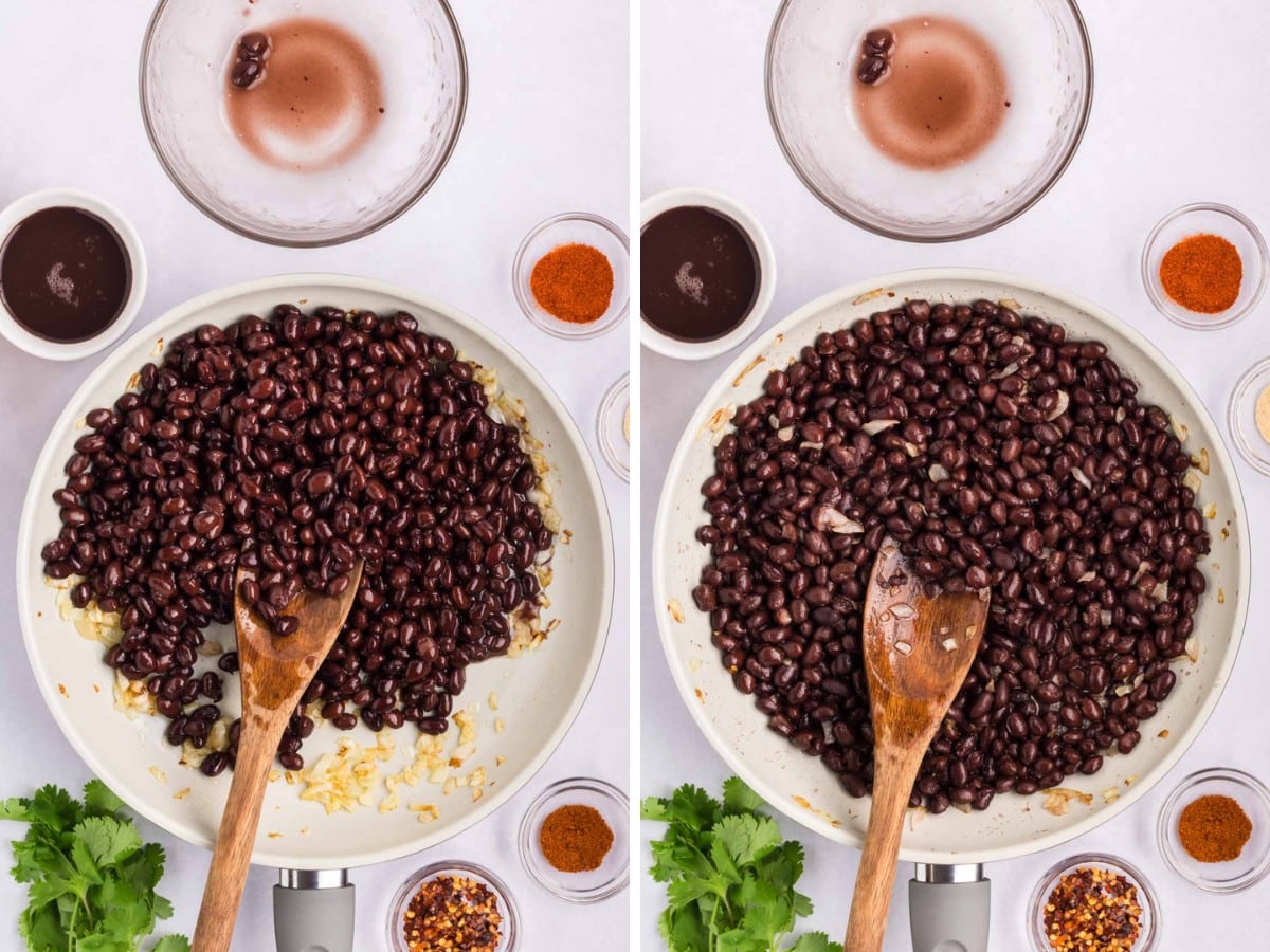 Cooking the black beans in a pan.