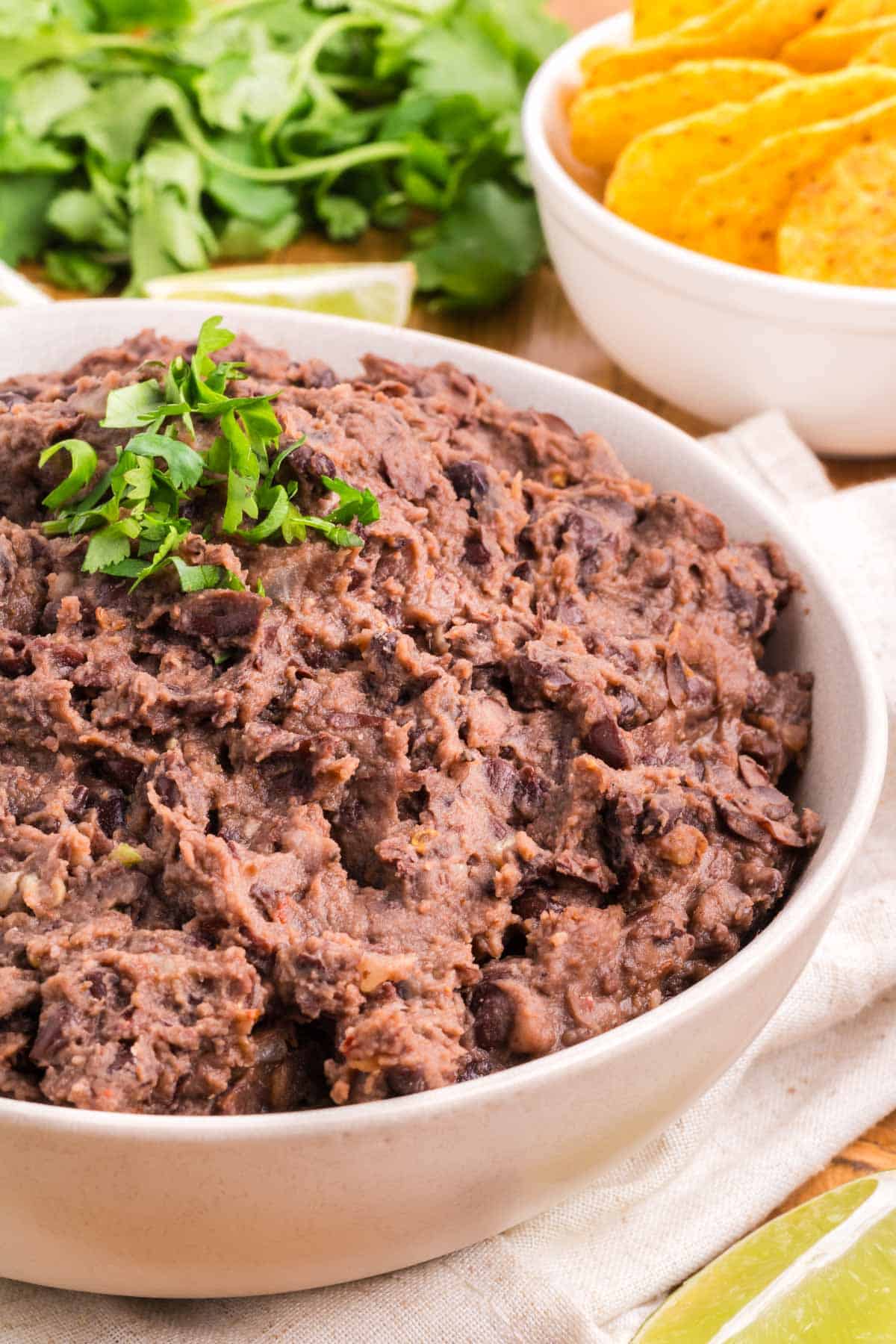 Refried Black Beans recipe is featured in an off center photo of a white bowl full garnished with parsley.