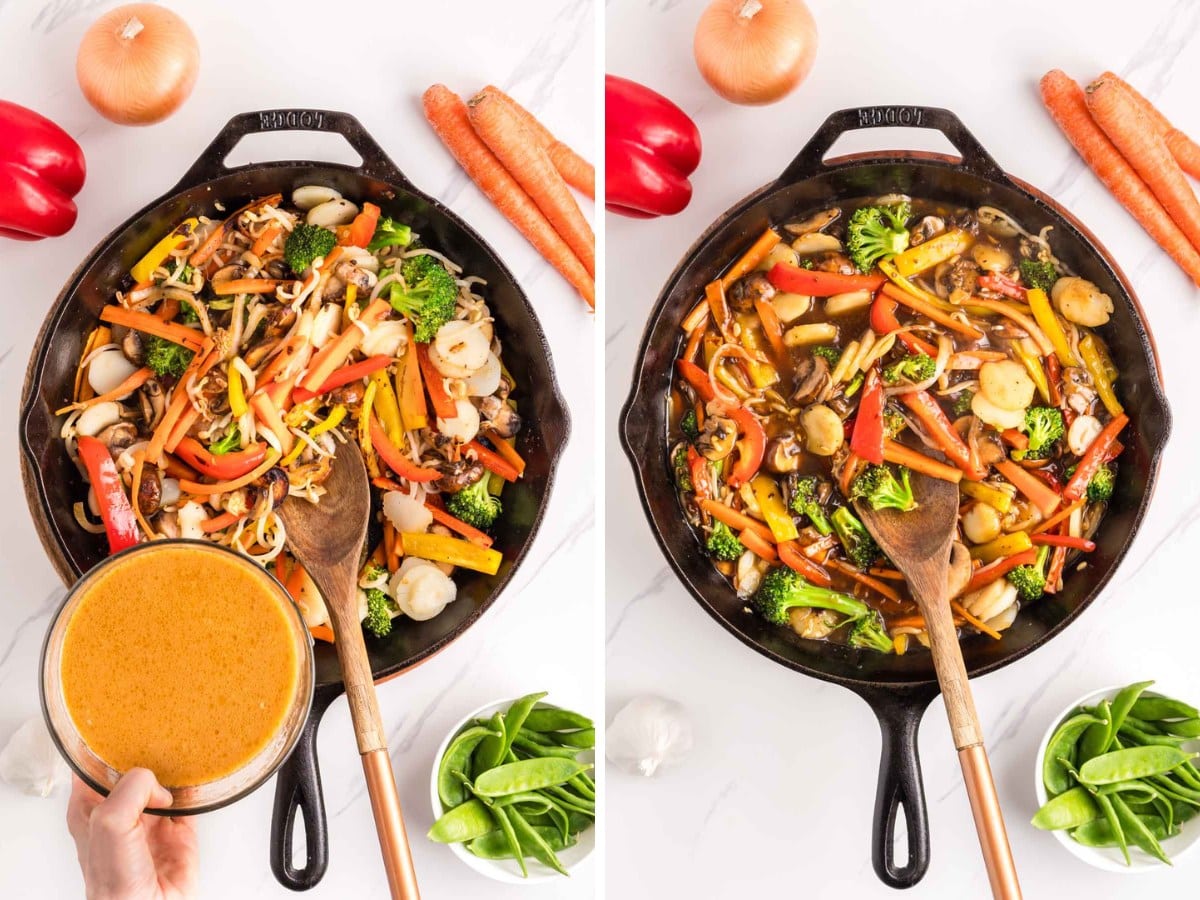 Stirring in chop suey sauce into veggies in a skillet.