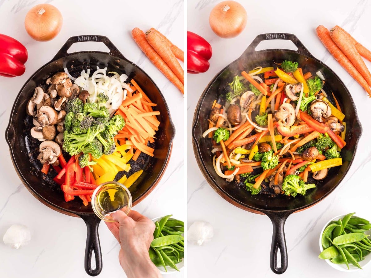 Adding oil to the pan with veggies and sautéing them.