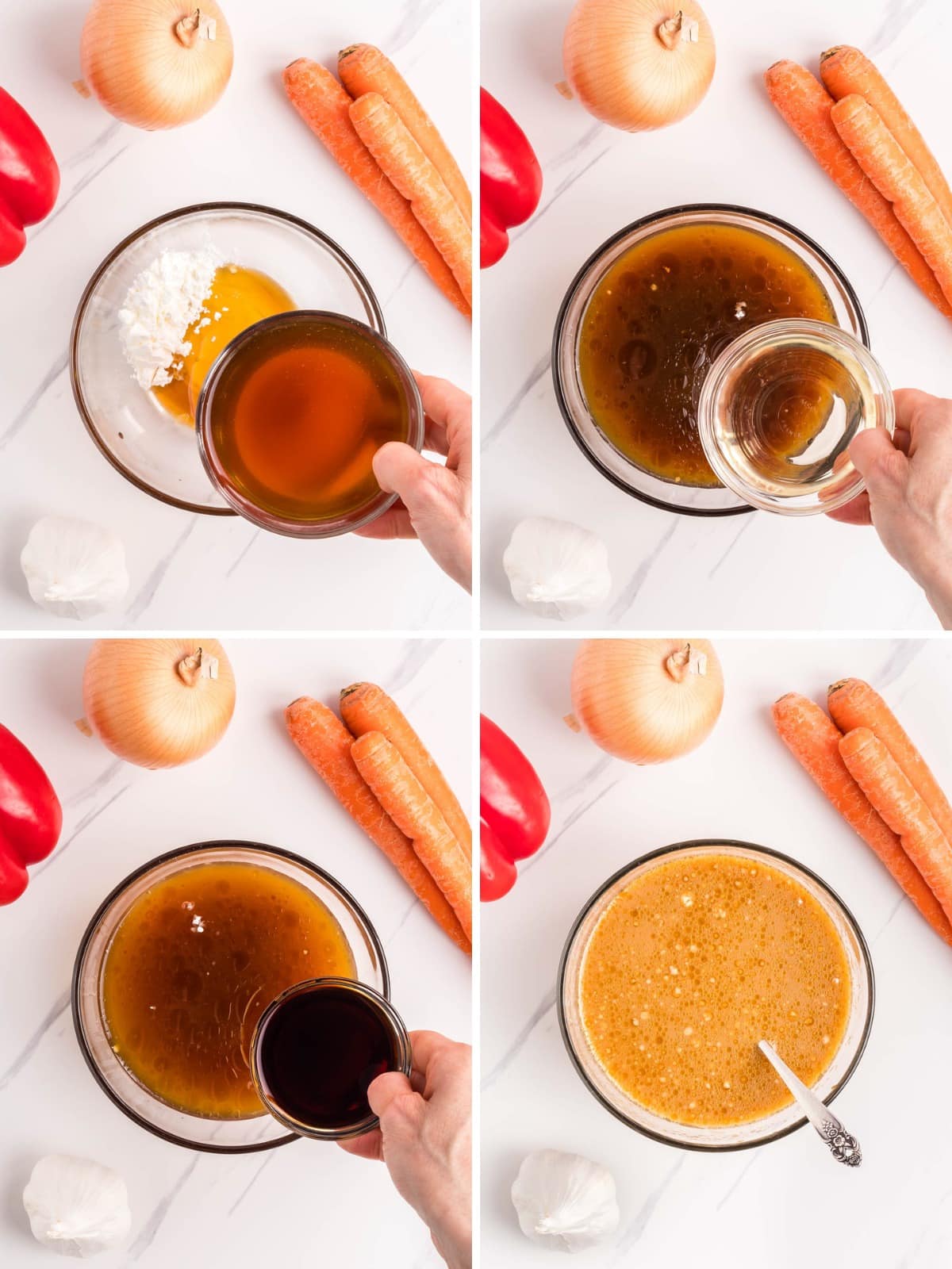 Adding chop suey sauce to a clear bowl and stirring to combine.