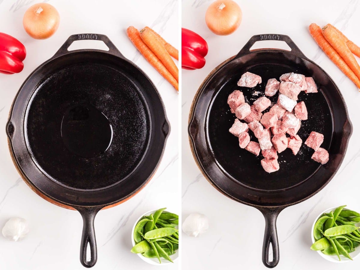 Adding oil and then steak bites to a cast iron pan to cook.