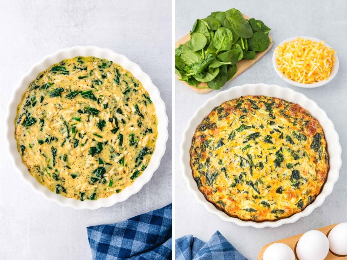 Quiche filling added to a pie plate and then baked.