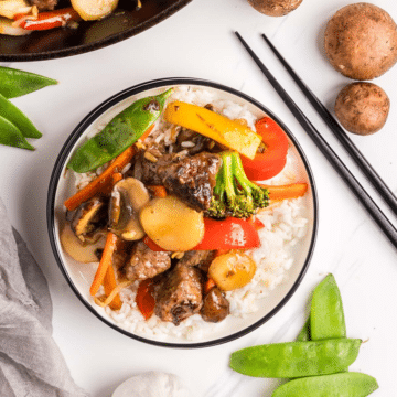 Easy Beef Chop Suey plated and served with black chop sticks.