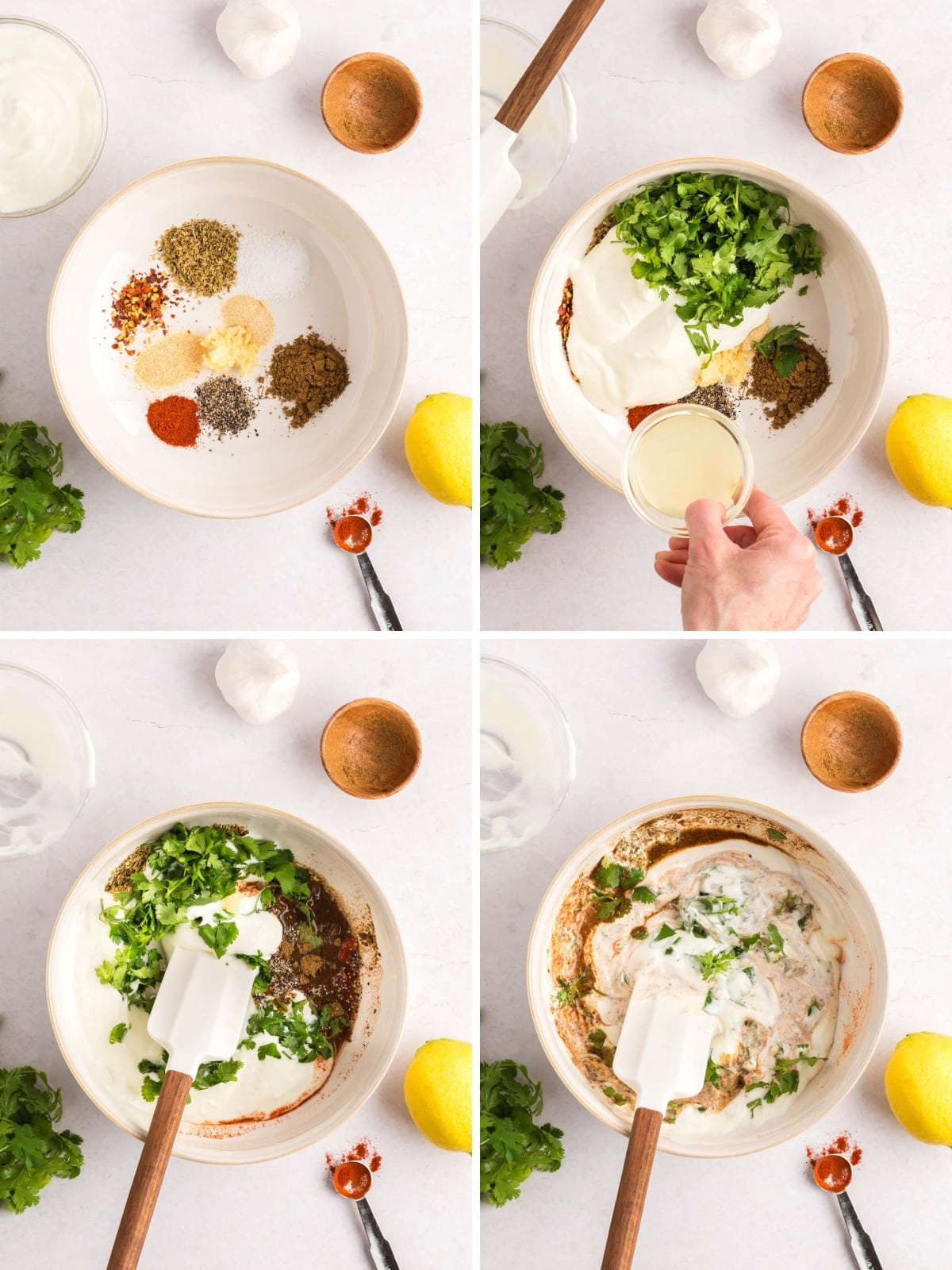 Spices and greek yogurt added to a bowl to make a marinade.