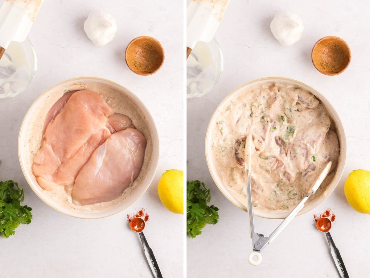 Chicken placed in a bowl and tossed greek yogurt marinade.