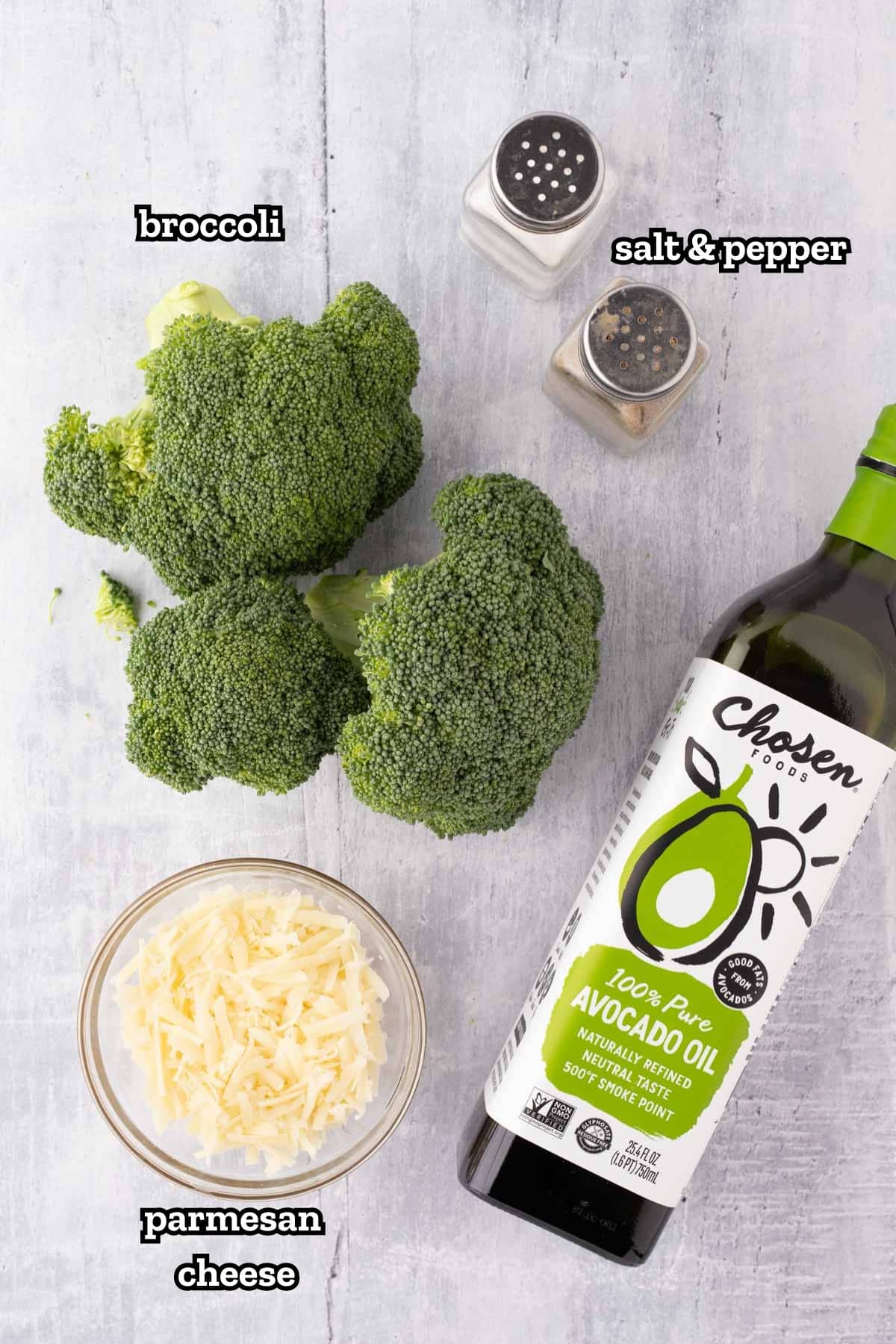Image of labeled ingredients needed to make roasted broccoli.