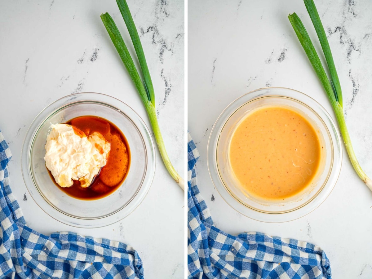 Mayonnaise, sweet chili sauce and spices added to a bowl and mixed together to make a bang bang sauce.