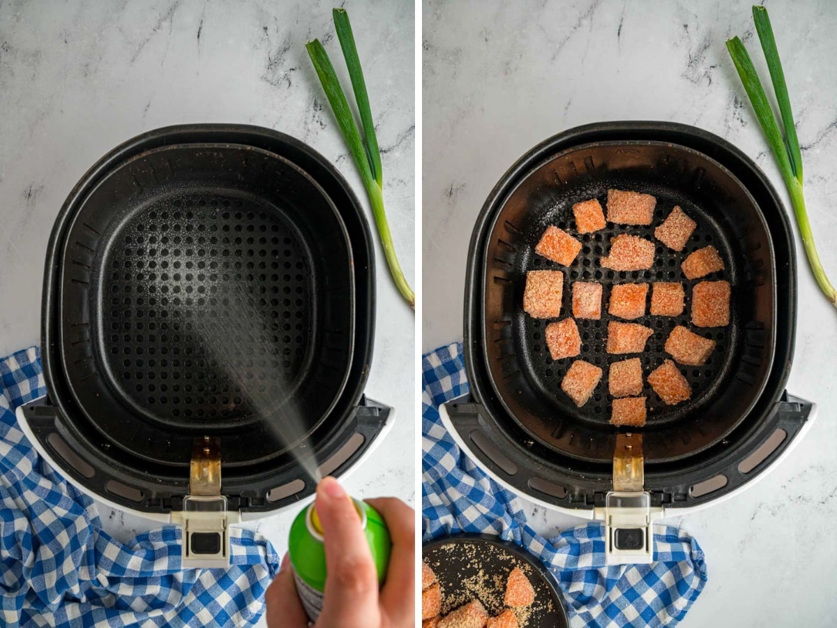 Spraying air fryer and adding salmon bites.