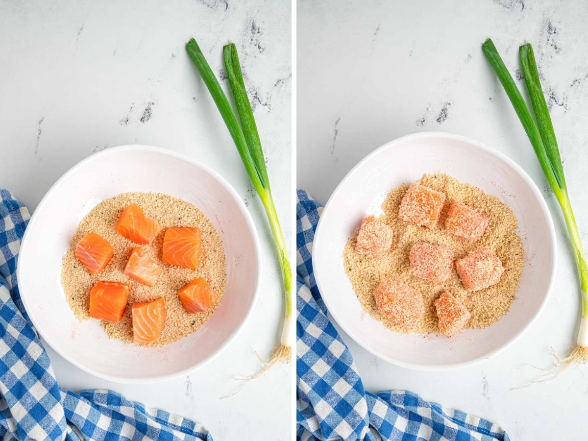 Adding salmon cubes to spiced panko mixture and coating completely.