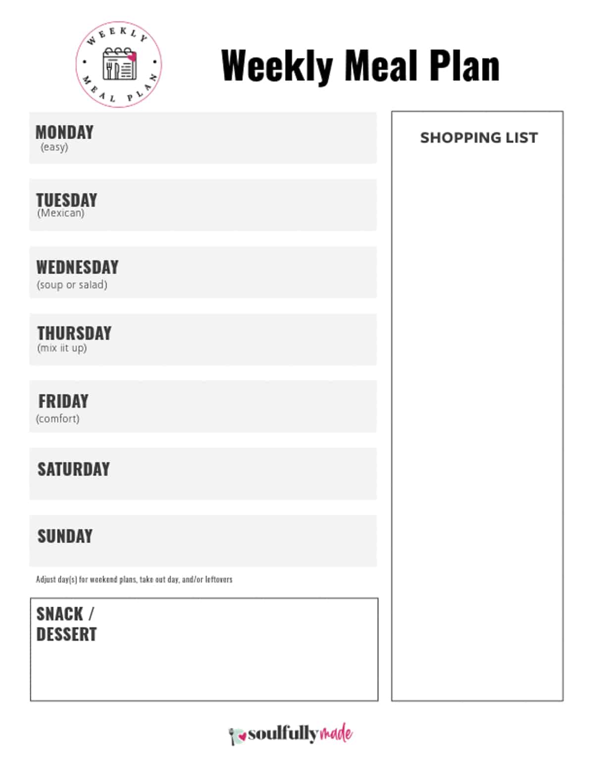 Soulfully Made weekly meal plan template.