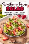 Pinterest Pin 1 for the Strawberry Pecan Salad recipe featuring a plate full of the salad.