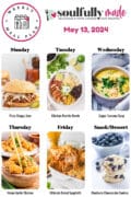 Weekly meal plan for May 13, 2024 pizza sloppy joes, chicken burrito bowls, zuppa toscana, chinese honey garlic chicken, baked spaghetti, and blueberry cheesecake cookies.