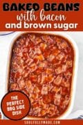 Graphic image of a white casseriole dish filled with the baked beans with bacon.