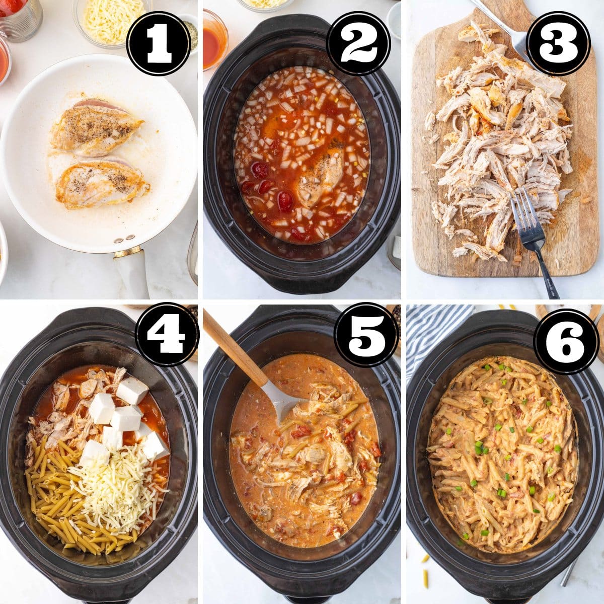 Collage image of step by step instructions for crock pot buffalo chicken pasta.