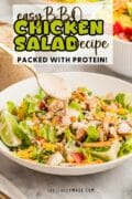 BBQ Chicken SAlad recipe graphic image with the salad in a white bowl and a fork ready to take a bite.