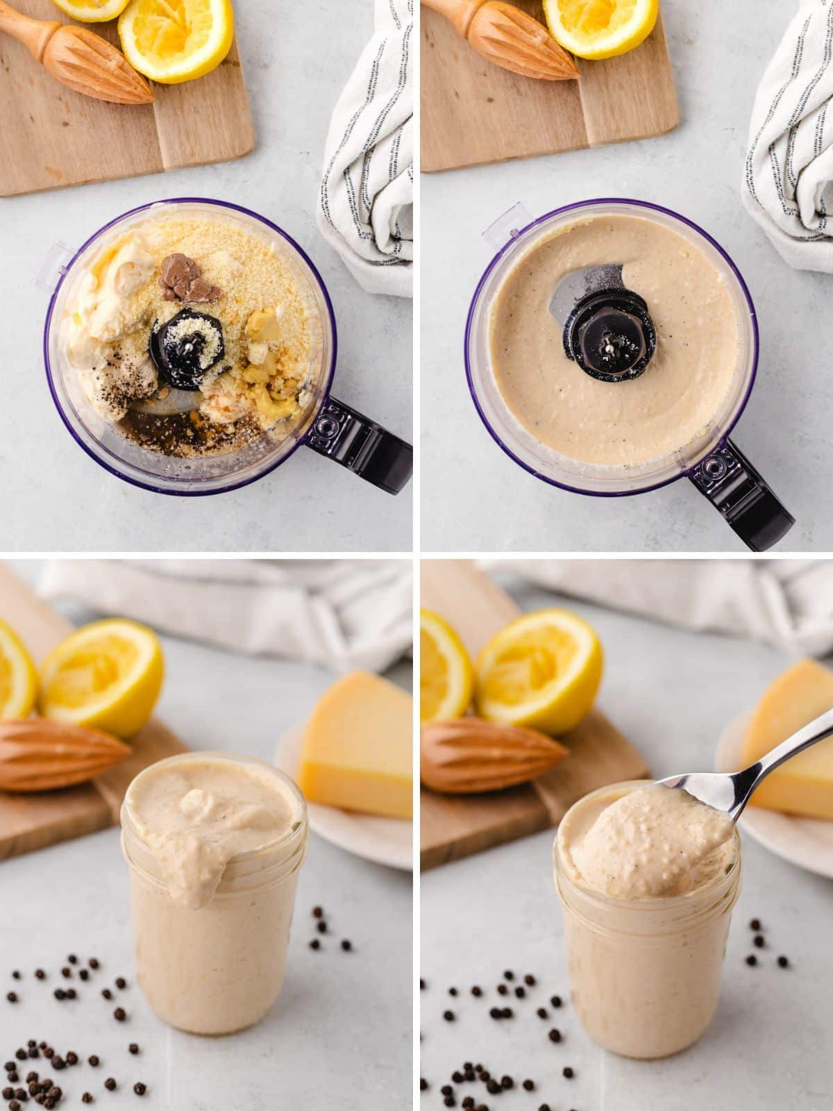 A collage image showing how to make homemade caesar salad dressing by adding ingredients into food processor and pulsing together; then pouring in a mason jar.
