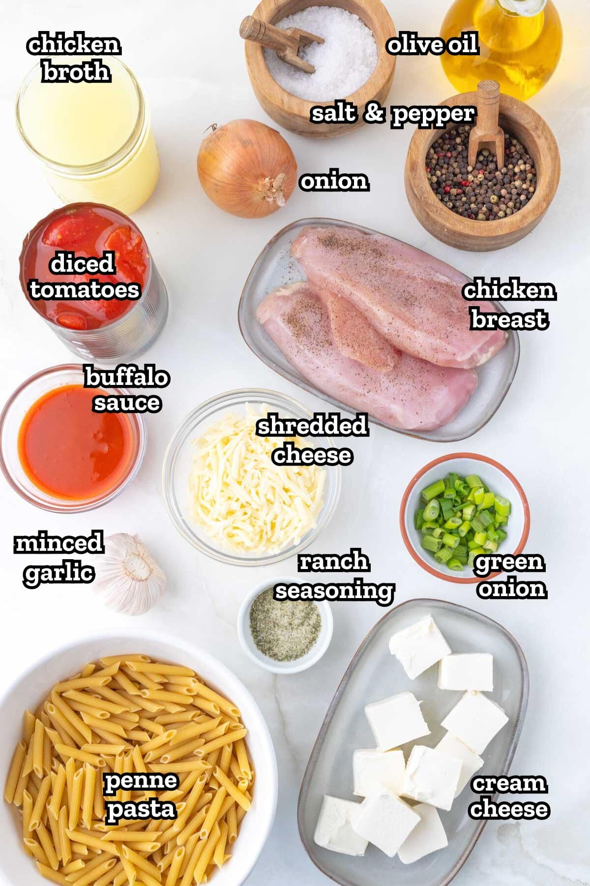 Labeled ingredients needed to make buffalo chicken in the slow cooker.