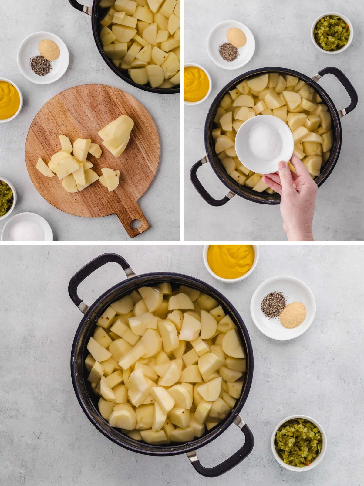 A collage image of cutting potatoes, adding to pot with water and salt to boil.