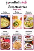 Weekly meal plan collage image for July 1, 2024 including unstuffed pepper skillet, salsa chicken, caesar salad, cowboy beans with ground beef and hot dogs, crock pot buffalo chicken pasta, and red, white & blue cream pie.