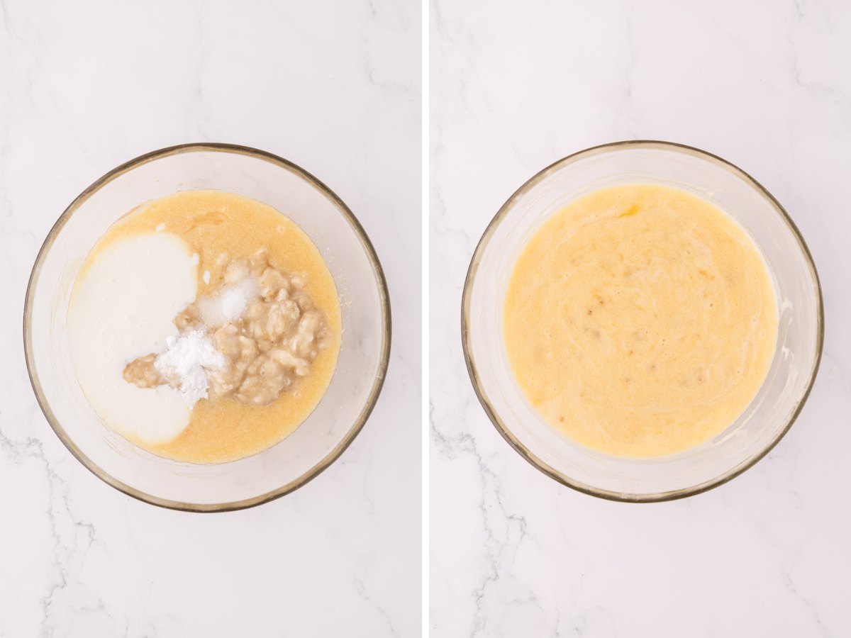 Step illustrated, adding buttermilk and bananas to batter.