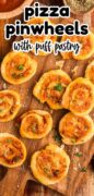 A cutting board filled with pizza pinwheels.