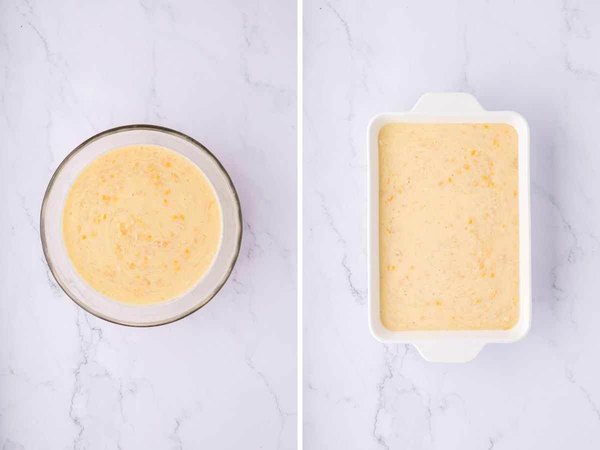 All the cream corn casserole ingredients start together in a bowl and then poured into the casserole dish.