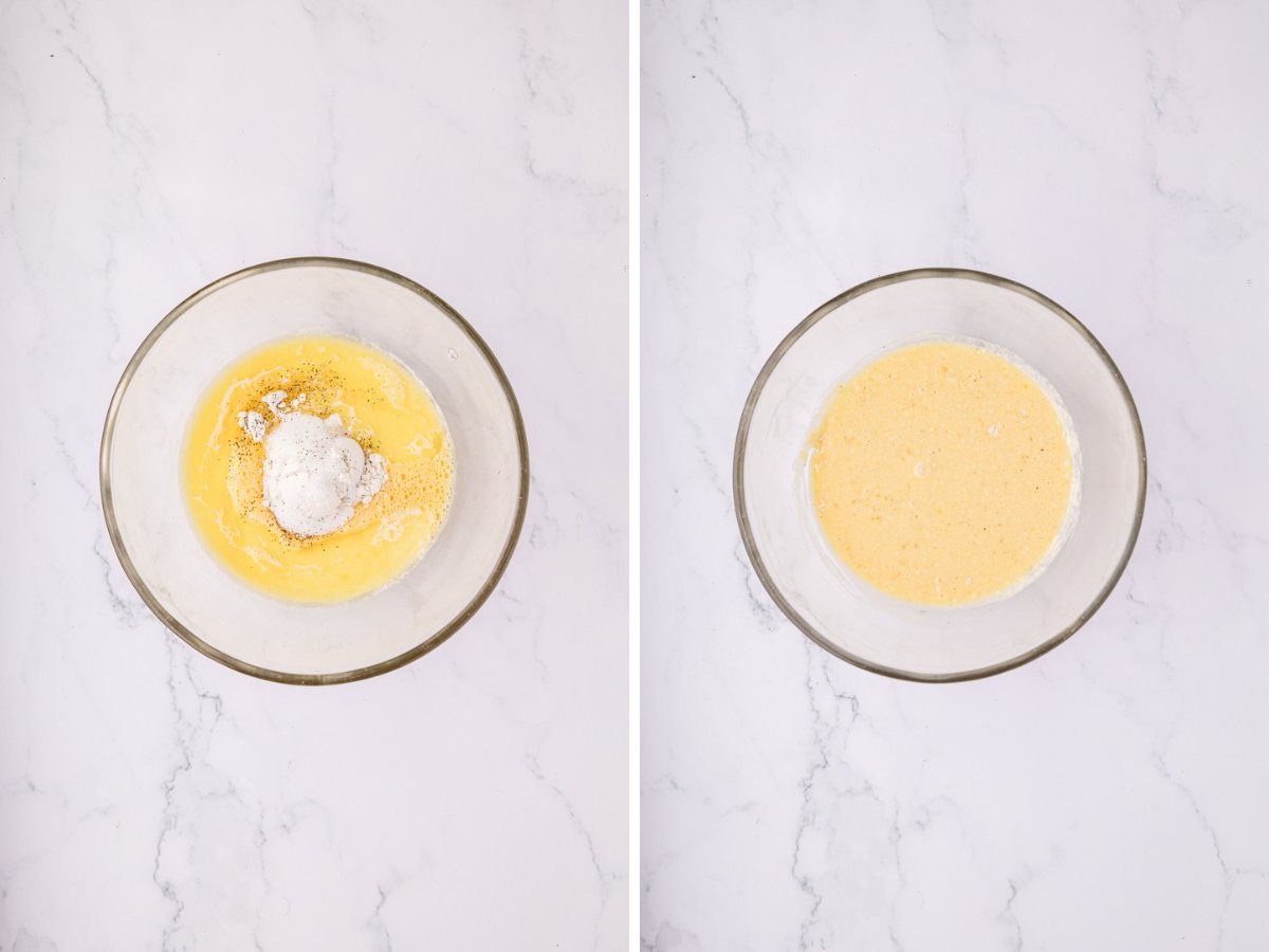 Flour and seasonings added to the beat eggs in a glass bowl and stirred together.