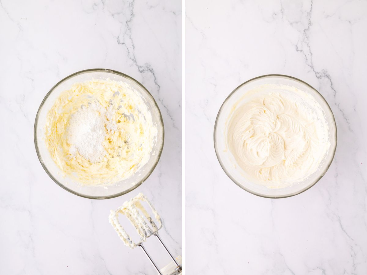 Combining powered sugar with cream cheese.