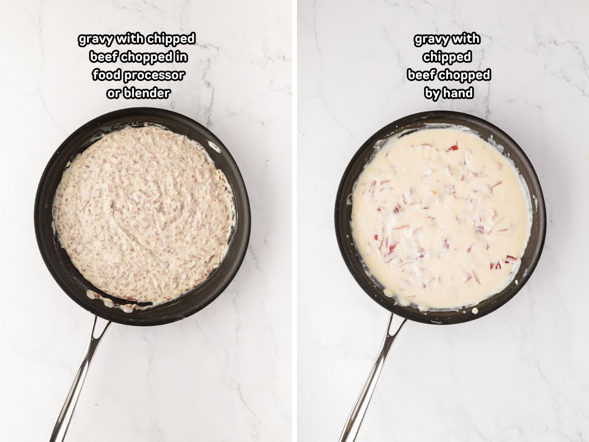 Side-by-side image showing chip beef gravy, made with the great dried beef chipped up, and the other made with it, chopped by hand.