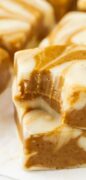 Image for Gingerbread Swirl Fudge recipe with a bite taken out of the marbled fudge.