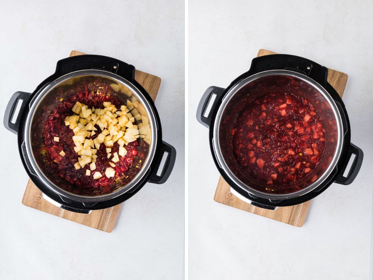 Side-by-side image of chopped apples and vinegar, added to the instant pot to sauté.