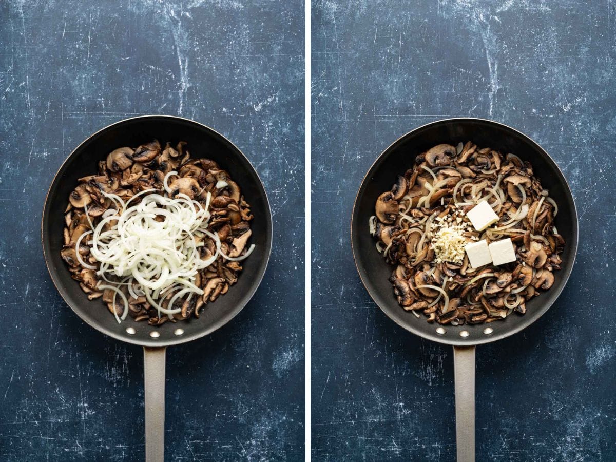 Side by side photos of adding onions, butter and garlic into the mushroom mixture in a skillet.