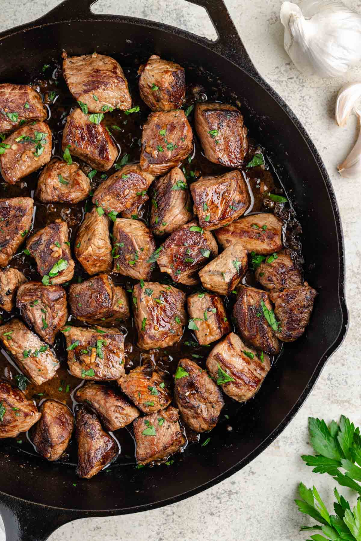 Steak bites in a pan.