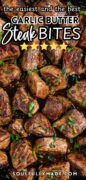 5 stars for this garllic butter steak bites recipe garnished with parsley.