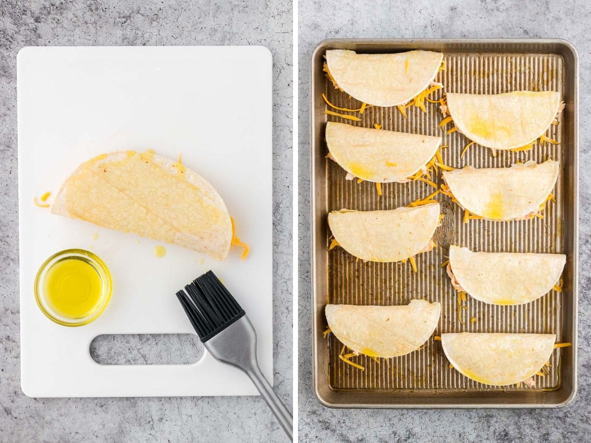 Side by side photos of brushing the assembled tacos with olive oil and placing them on baking sheet.