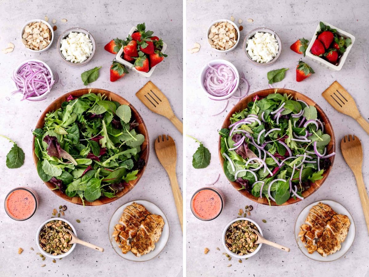 Side by side photos of assembling the strawberry salad with mixed greens and red onions in the bowl.