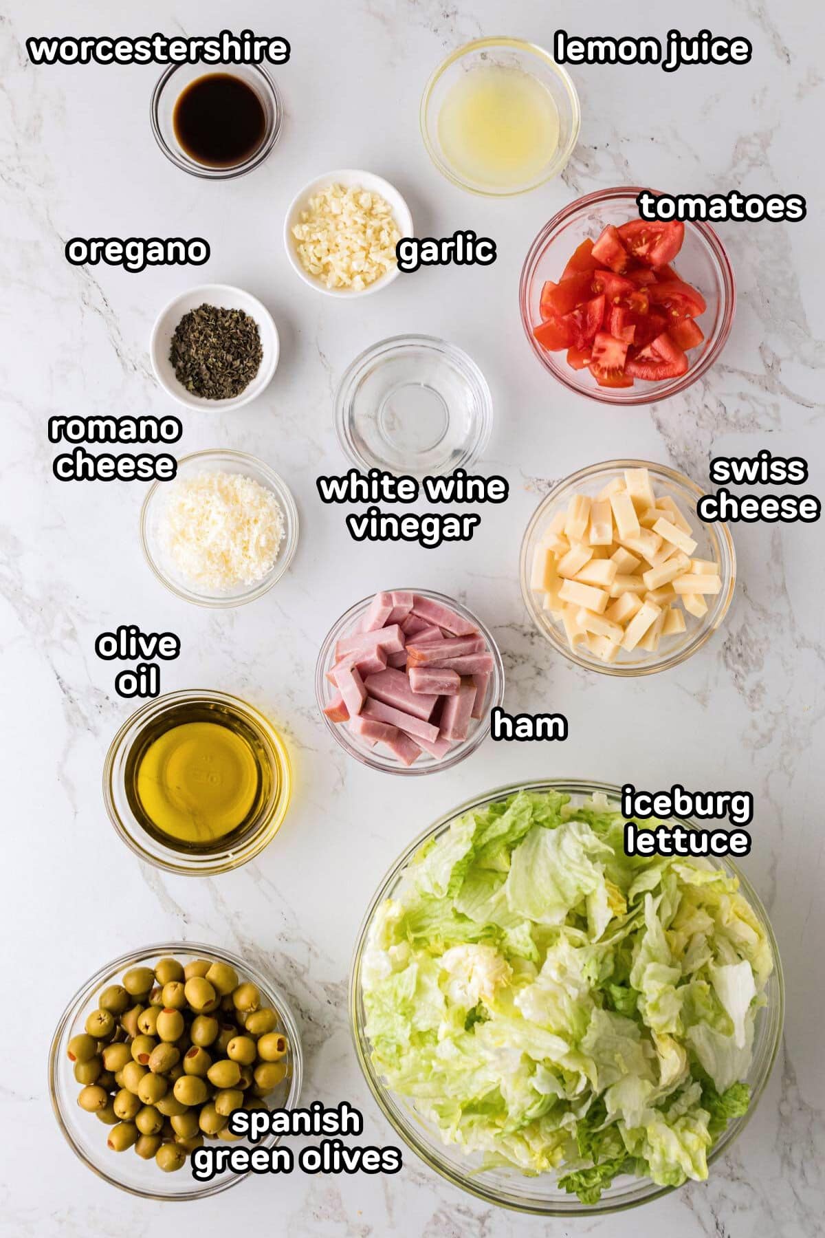 A labeled image of ingredients needed to make columbia restaurant 1905 salad.