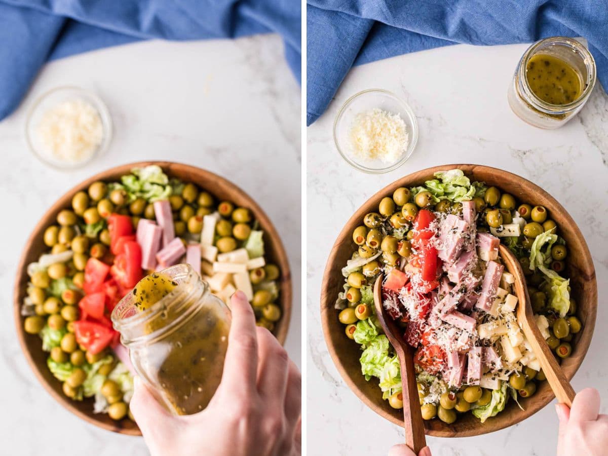 Pouring dressing onto salad and tossing with wooden spoons.