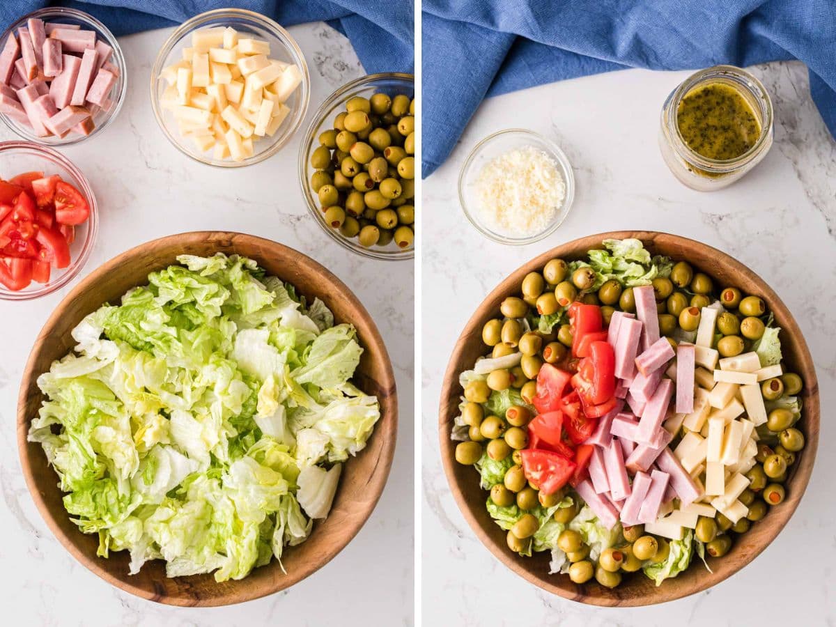 Salad ingredients added to the wooden serving bowl.