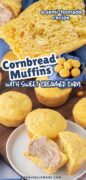 Cornbread Muffins are picktured in a 2 image collage to show the muffins and the inside, too.