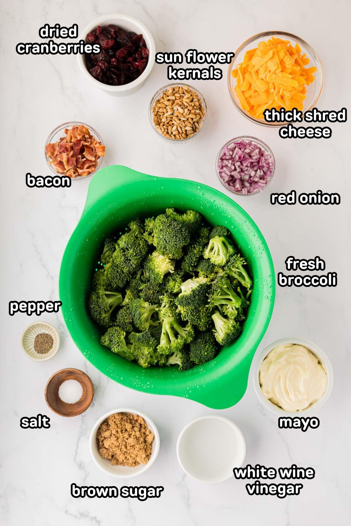 Labeled photo of the ingredients needed to make broccoli salad.