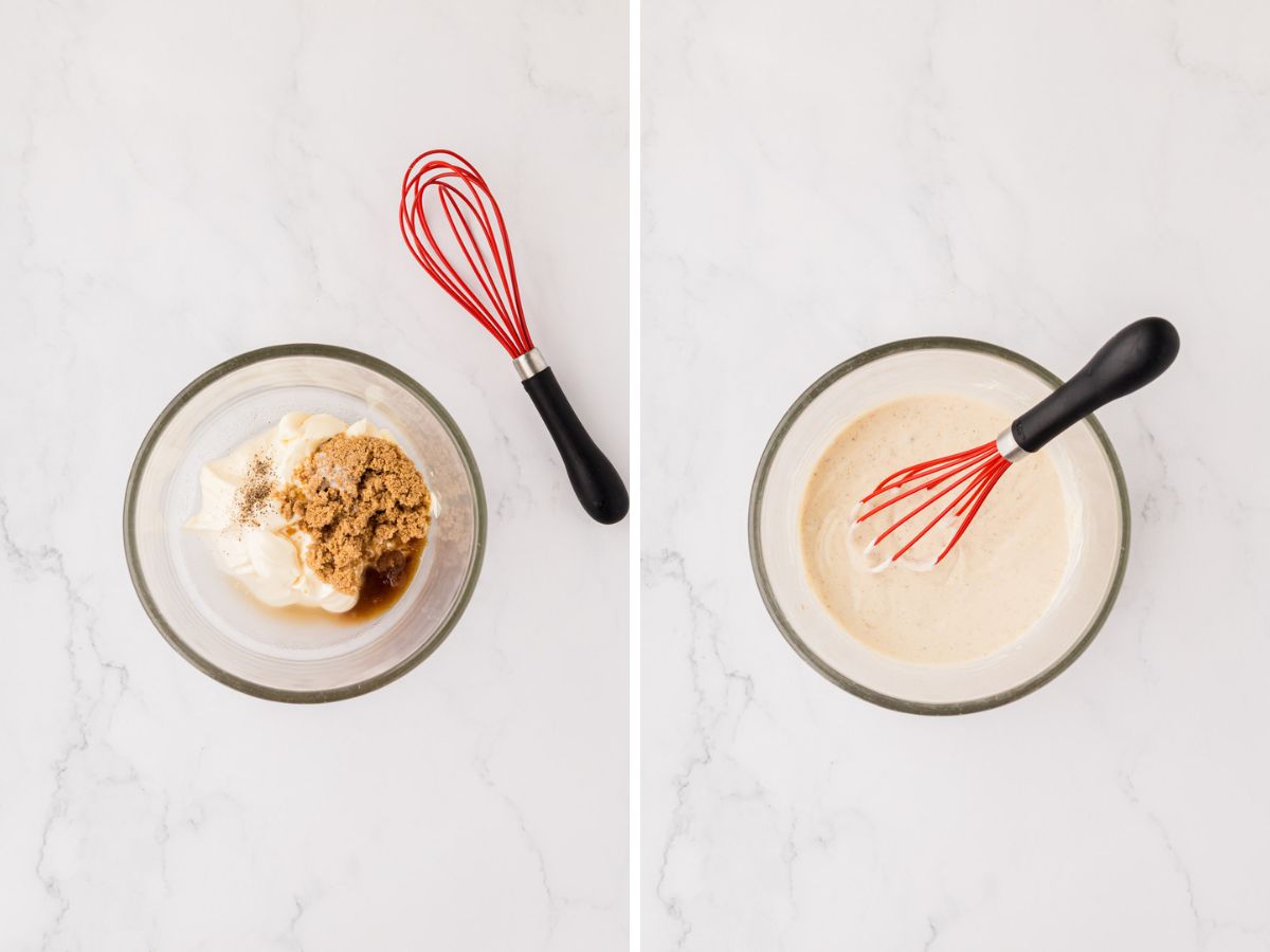 Side by side photos of whisking together the broccoli salad dressing.